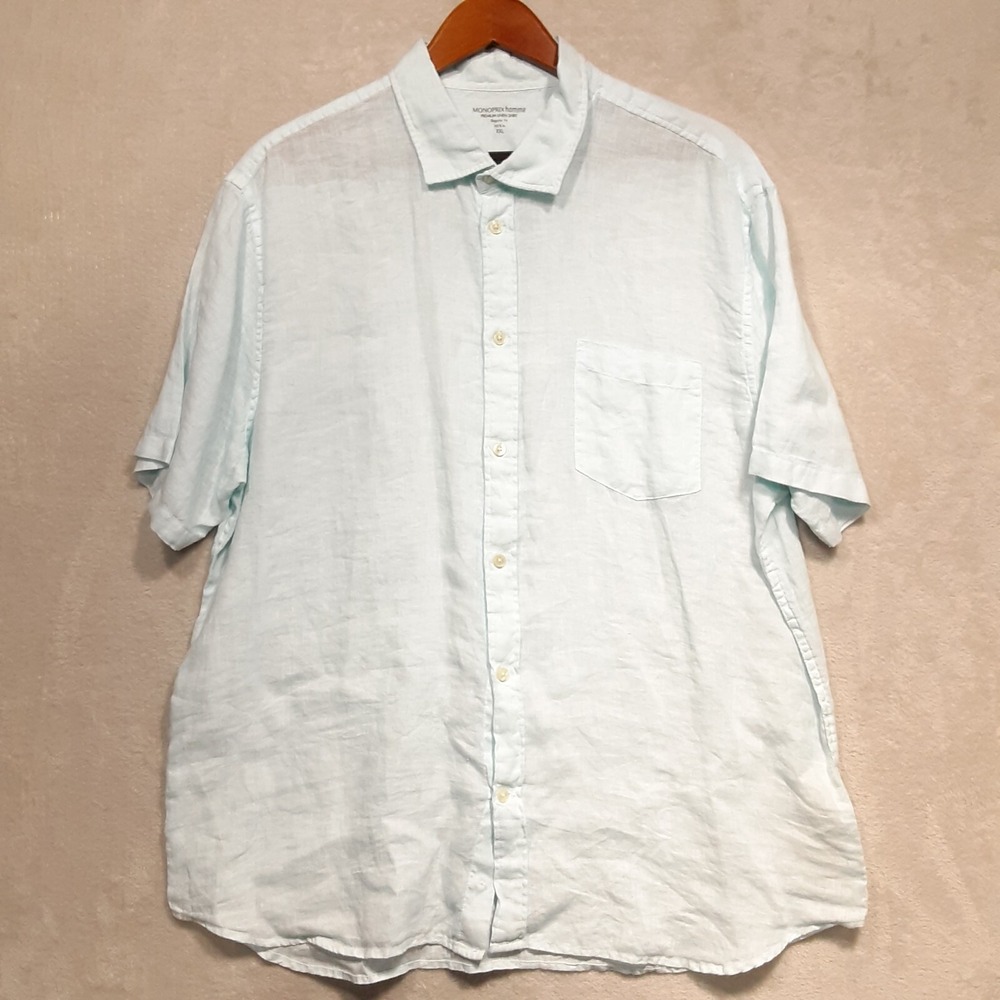 MONOPRIX homme Mens Short Sleeve Button Shirt Sz.2XL/Blue/Premium Linen/Reg Fit